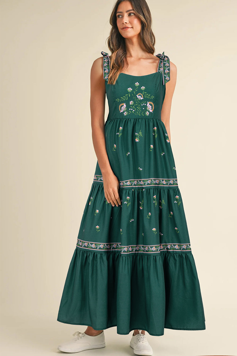 Blackish Green Floral Smocked Back Tied Straps Tiered Maxi Dress