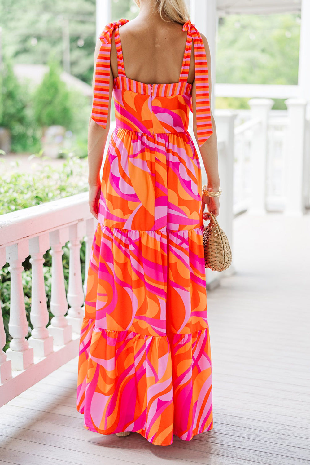 Red Abstract Print Knotted Shoulder High Waist Maxi Dress