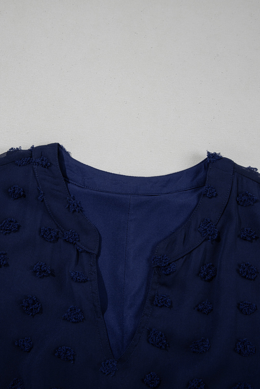 Navy Blue Dotty Textured Notched Neck Plus Ruffled Dress