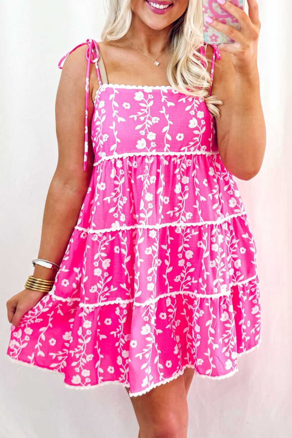 Pink Floral Print Ric Rac Patched Sleeveless Mini Dress