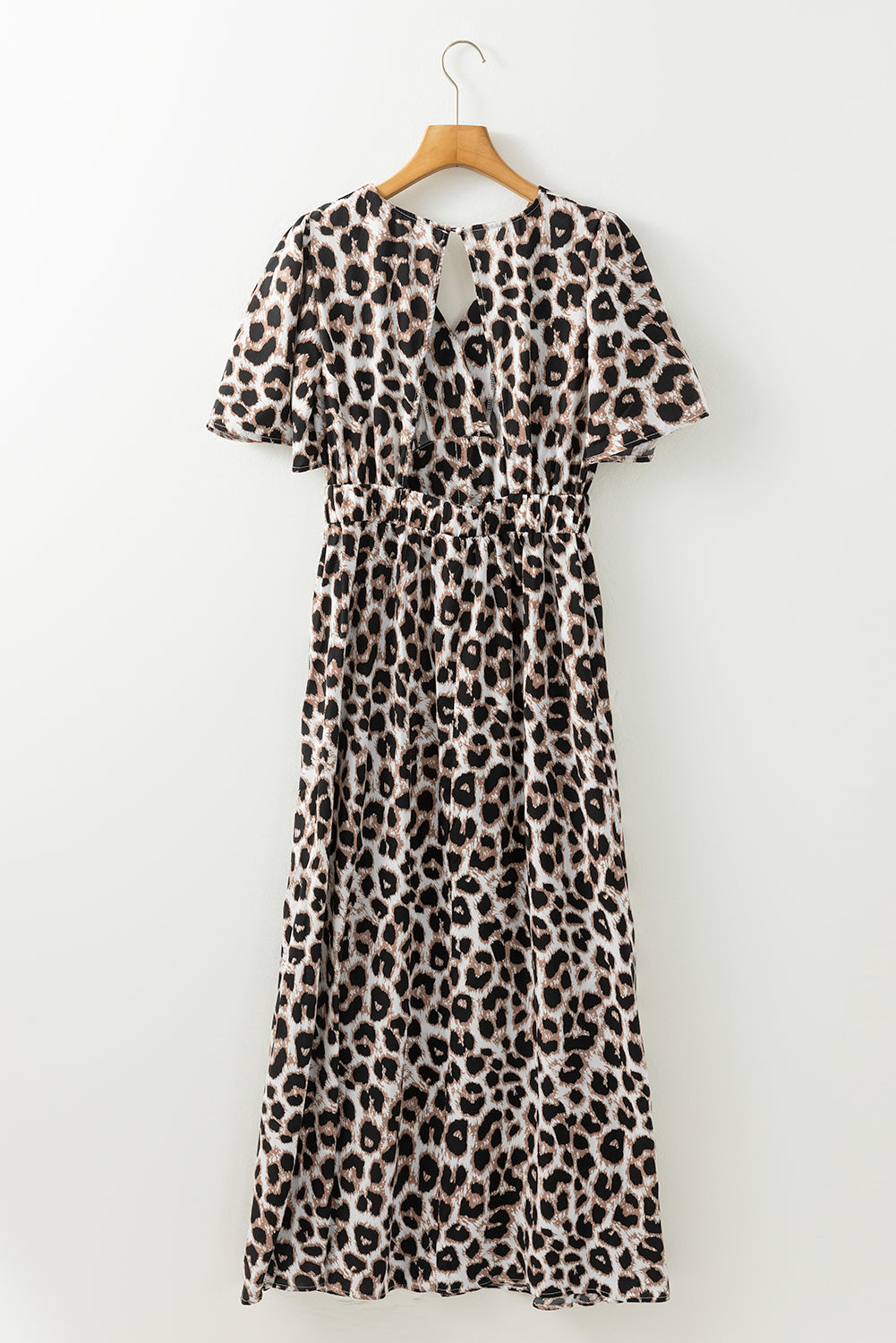 Khaki Leopard V Neck Cinched High Waist Open Back Maxi Dress