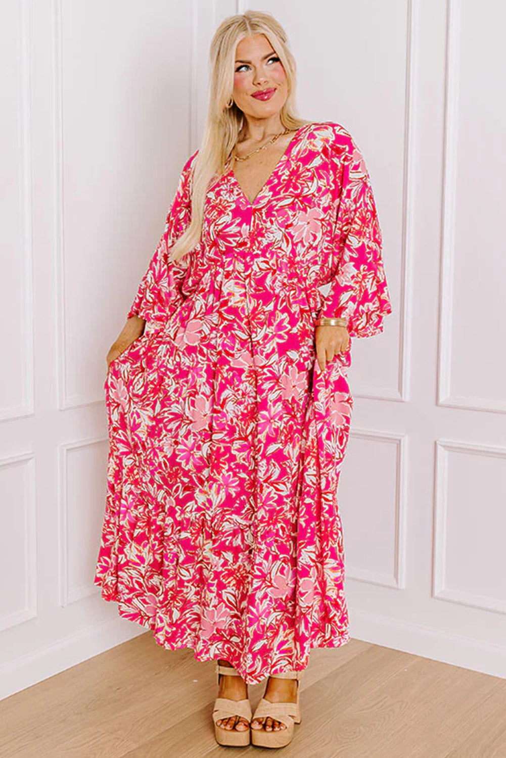 Rose Plus Size Floral V Neck Wide Sleeve Maxi Dress