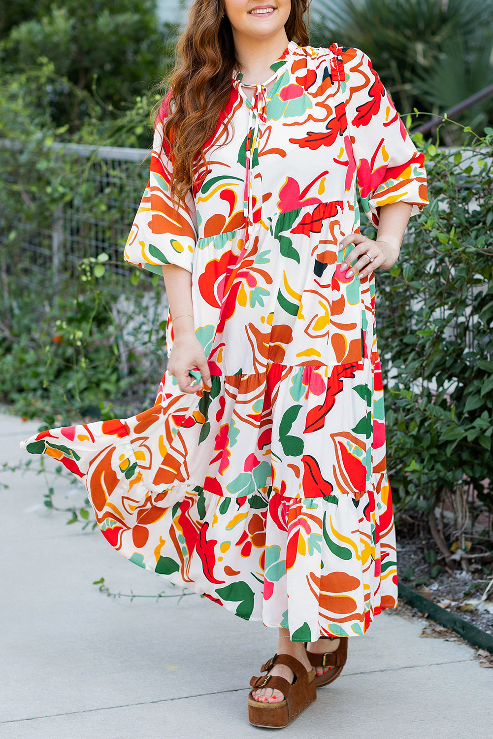 Orange Floral Print Drawstring V Neck Tiered Plus Size Dress