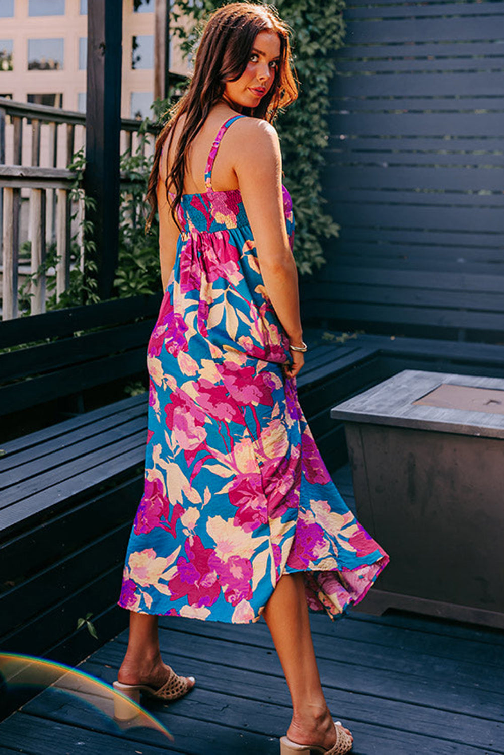 Dark Blue Floral High Waist Sleeveless Flared Long Dress