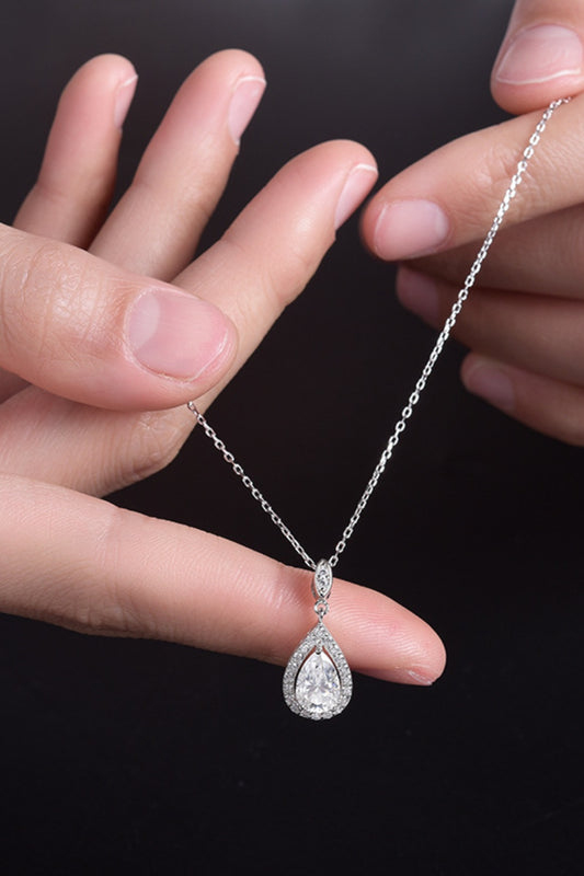 Close-up of 1.5 Carat Moissanite Teardrop Necklace teardrop pendant with zircon accents