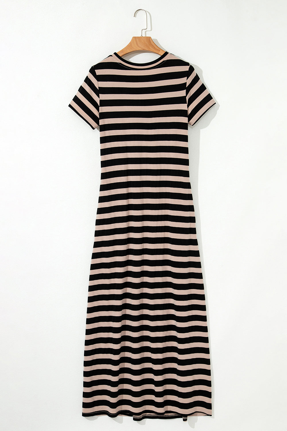 Black Stripe Casual Round Neck T-shirt Maxi Dress with Pockets