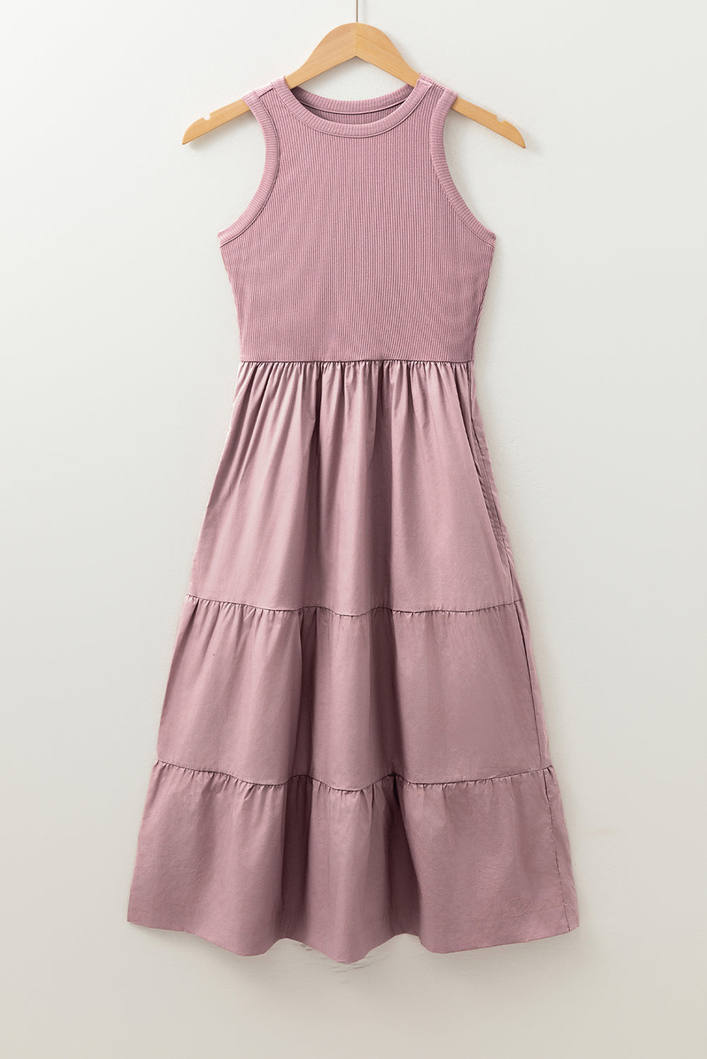 Sepia Rose Ribbed Vest Patchwork Tiered Midi Dress with Pockets