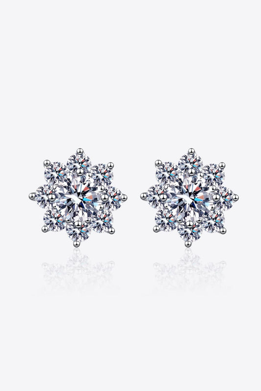Floral Moissanite Stud Earrings with 1-carat gemstone on silver setting