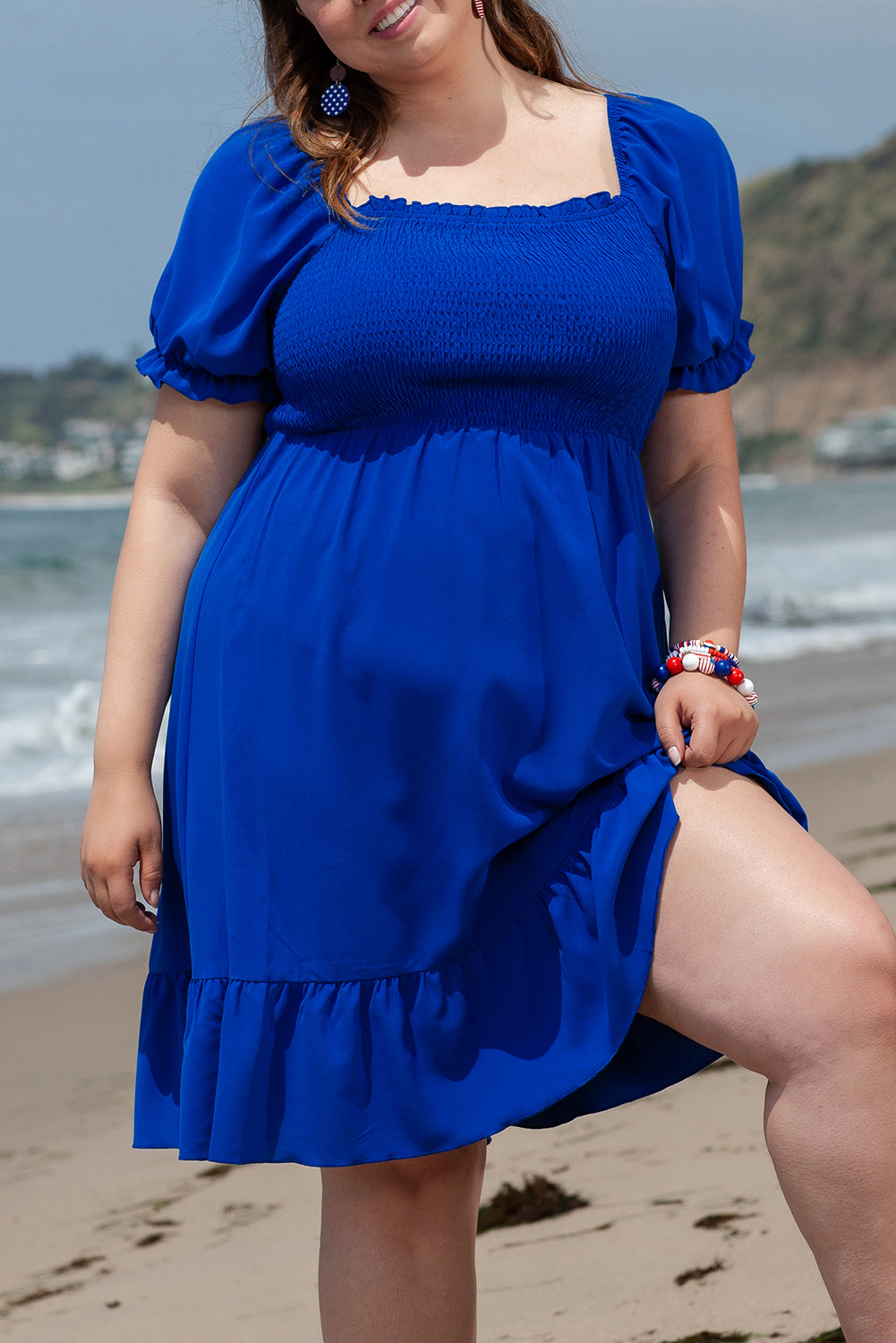 Dark Blue Shirred Ruffled Square Neck Plus Size Mini Dress