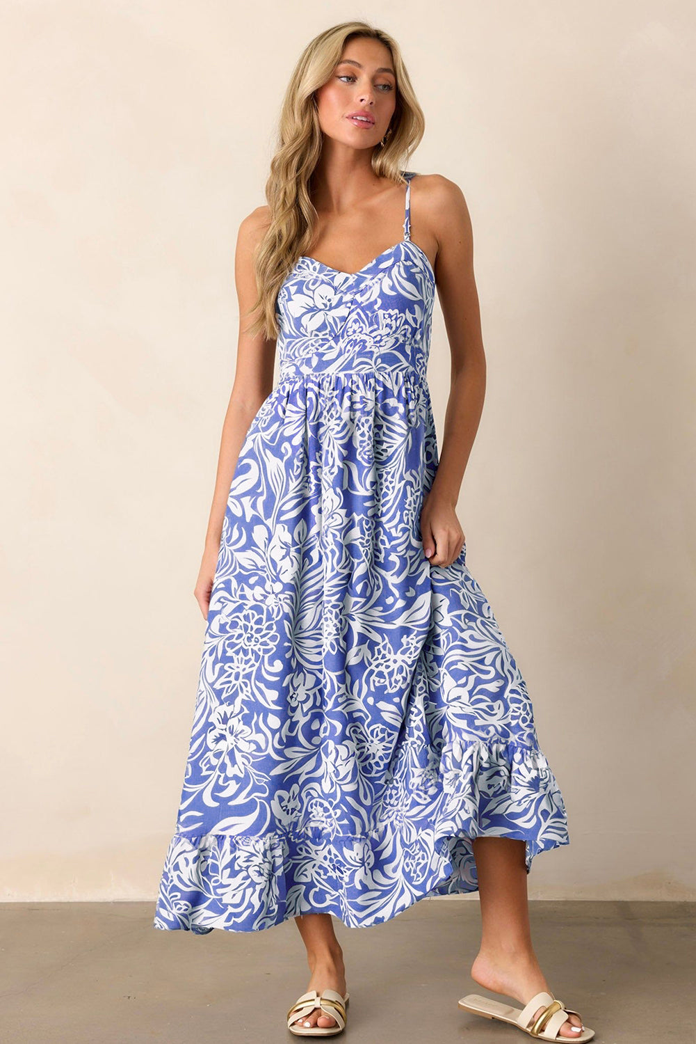 Sky Blue Floral Print Spaghetti Strap High Waist Maxi Dress