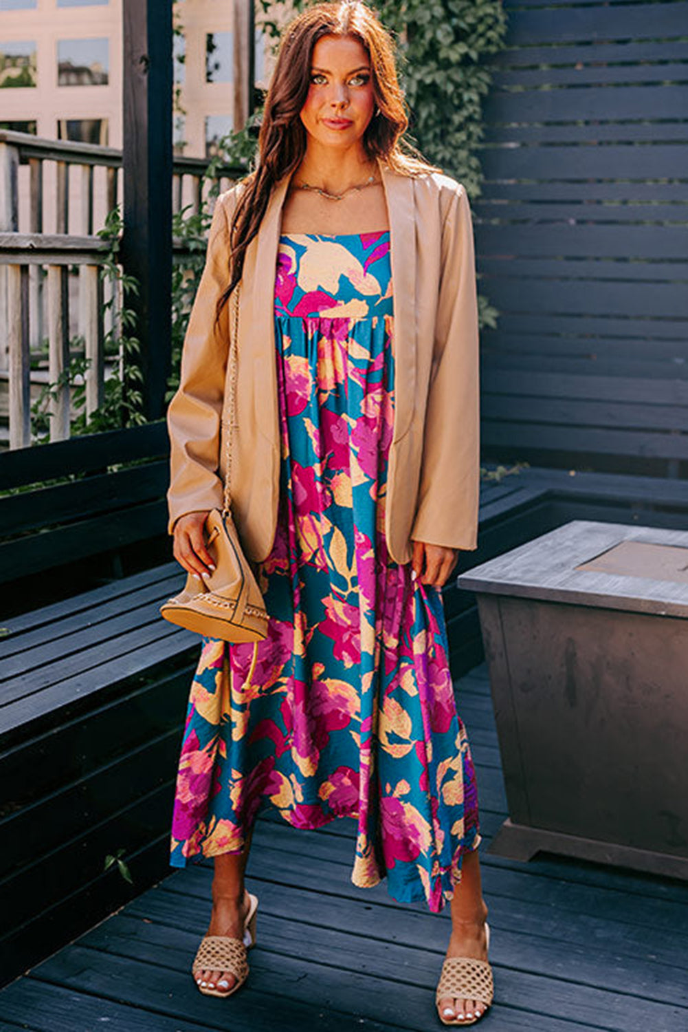 Dark Blue Floral High Waist Sleeveless Flared Long Dress