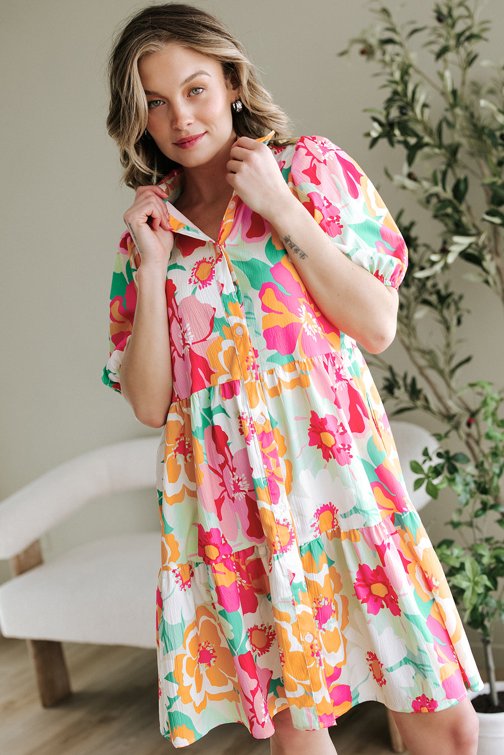 Pink Floral Puff Sleeve Collar Buttoned Babydoll Dress