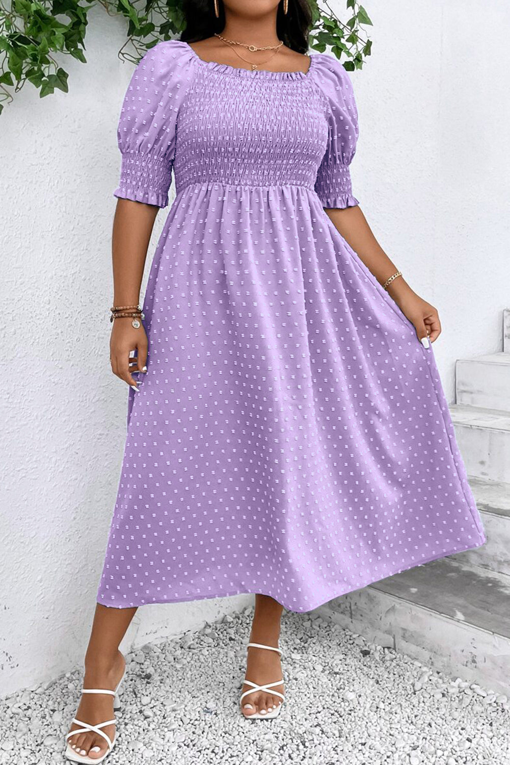 Wisteria Swiss Dot Smocked Frilled Neckline Short Sleeve Plus Size Dress