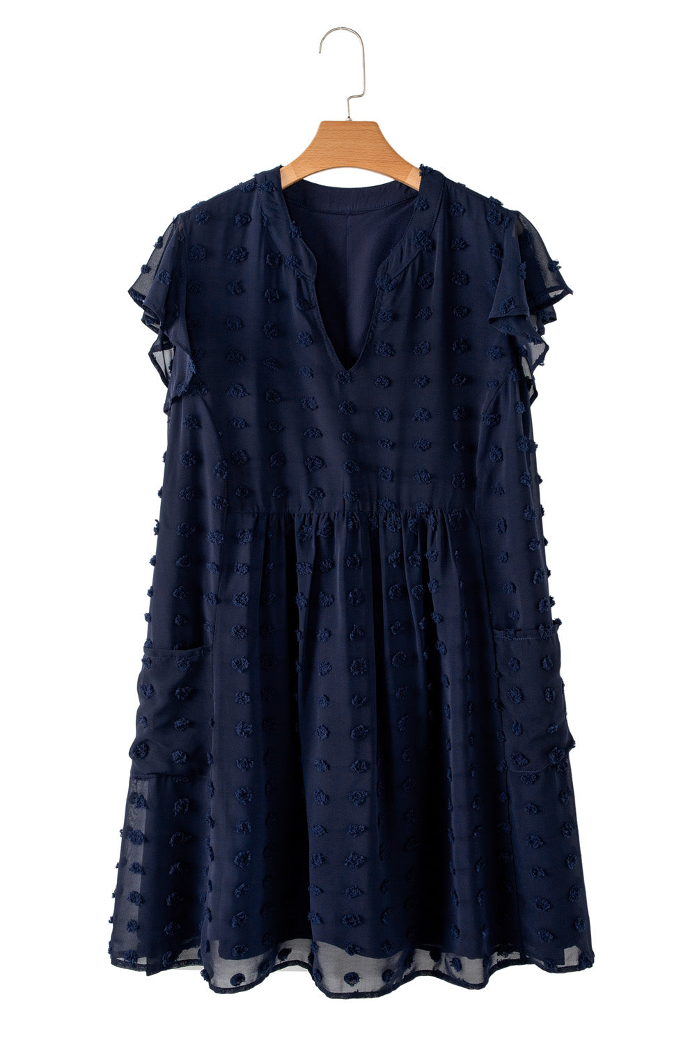 Navy Blue Dotty Textured Notched Neck Plus Ruffled Dress