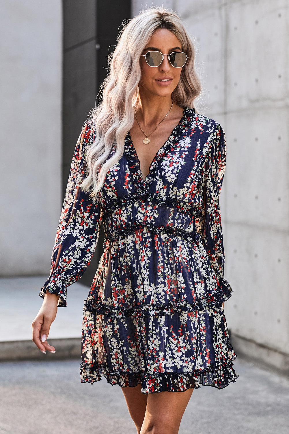 Blue Ruffle Detailing Open Back Floral Dress