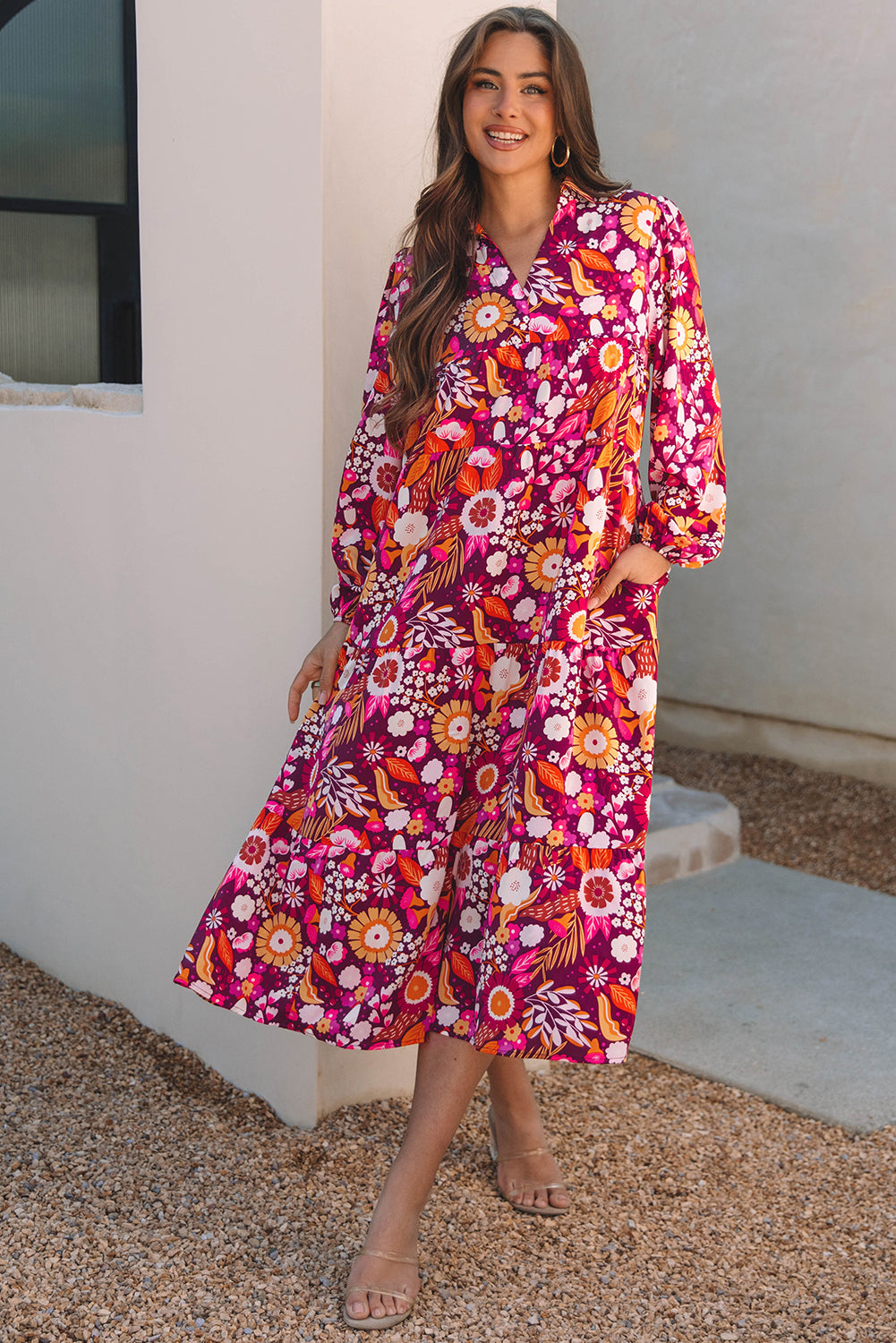 Purple Collared Tiered Flowy Long Dress