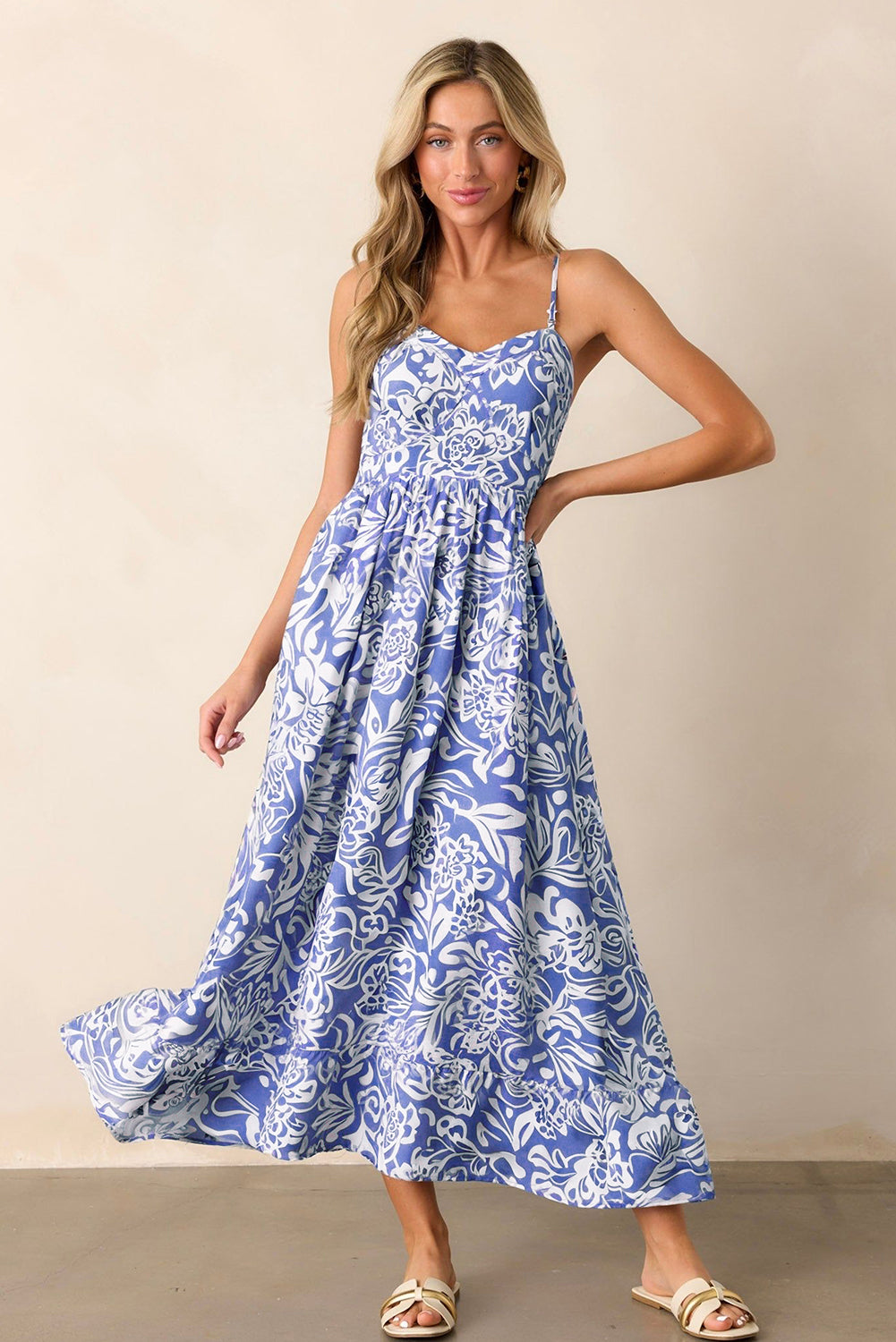 Sky Blue Floral Print Spaghetti Strap High Waist Maxi Dress