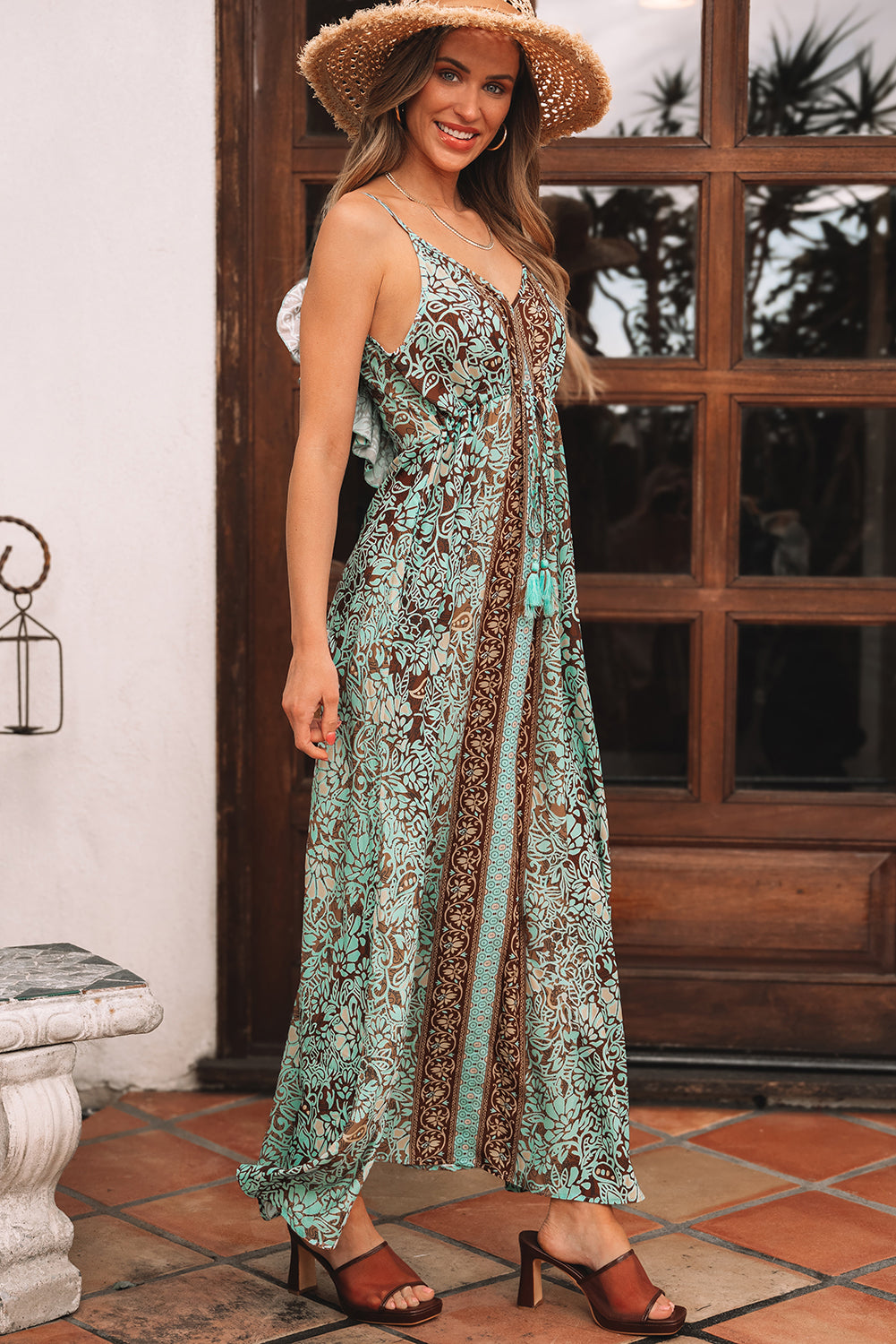 Green Floral Print V Neck Ruffled Trim Backless Tassel Waist Maxi Dress