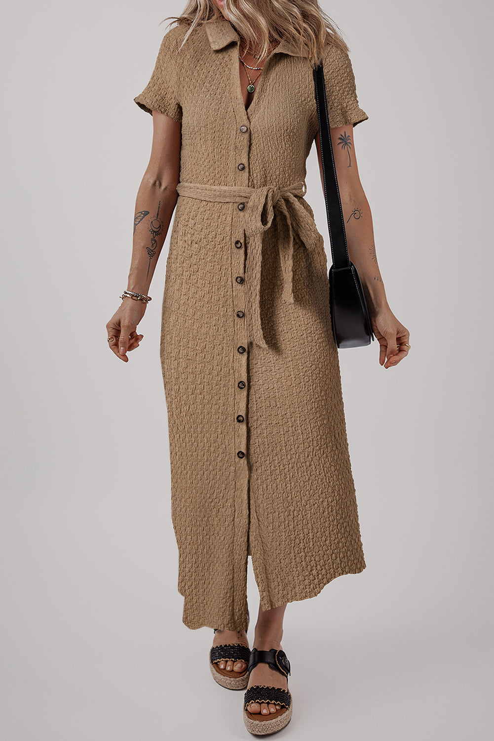 Buckskin Short Sleeve Textured Button Up Tie Waist Long Dress