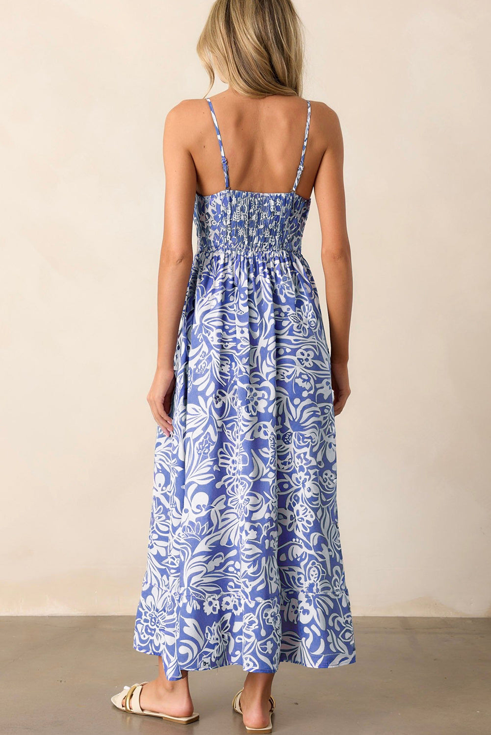 Sky Blue Floral Print Spaghetti Strap High Waist Maxi Dress