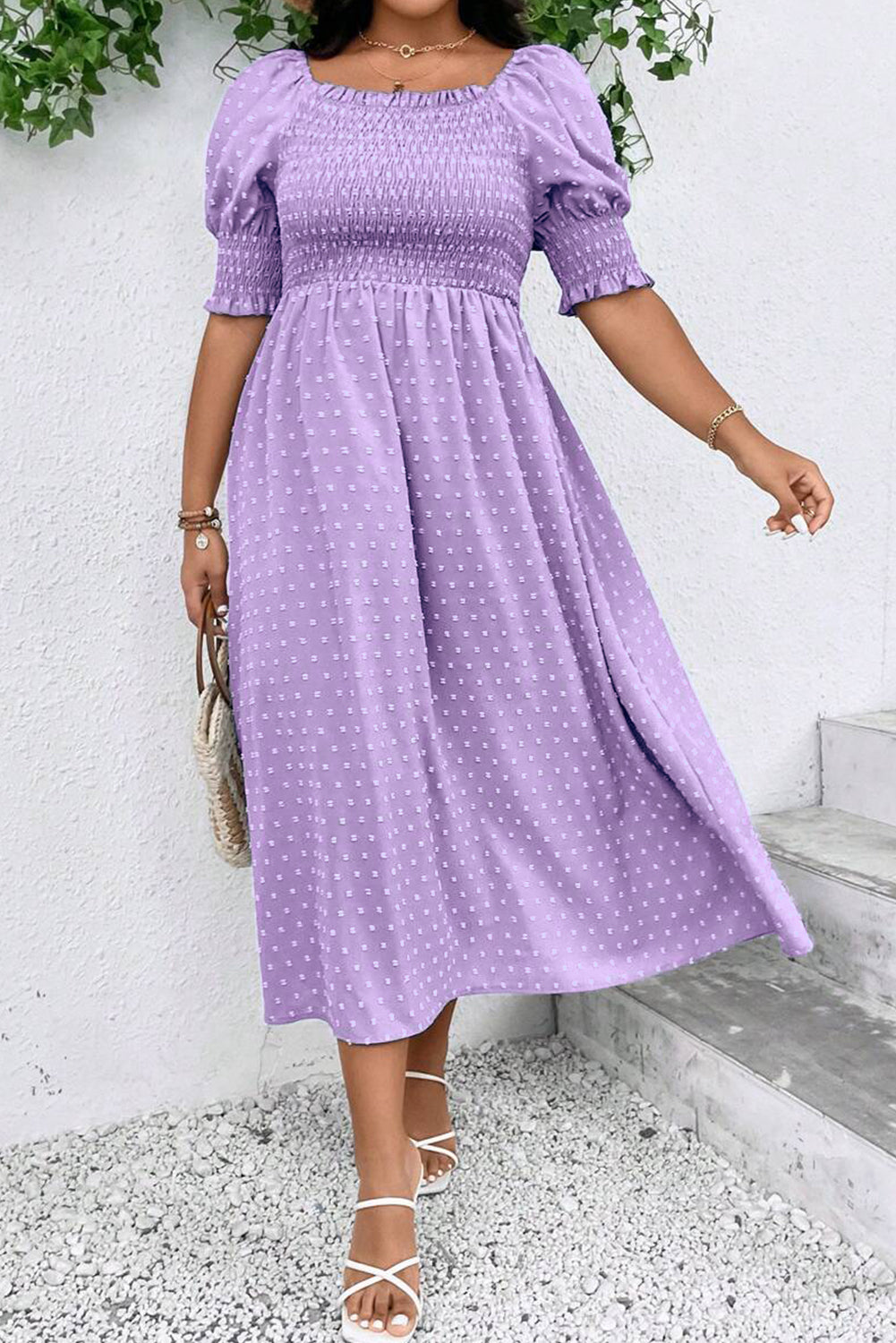 Wisteria Swiss Dot Smocked Frilled Neckline Short Sleeve Plus Size Dress