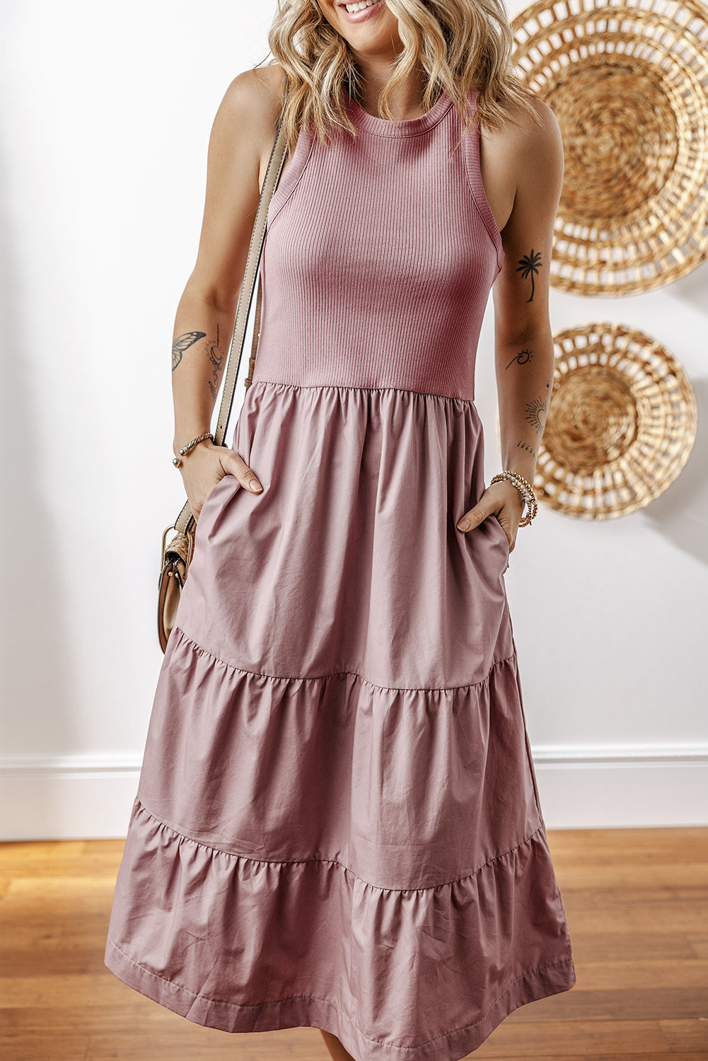 Sepia Rose Ribbed Vest Patchwork Tiered Midi Dress with Pockets