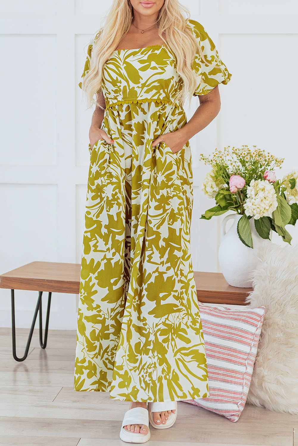 Green Scalloped Trim Square Neck High Waist Floral Maxi Dress