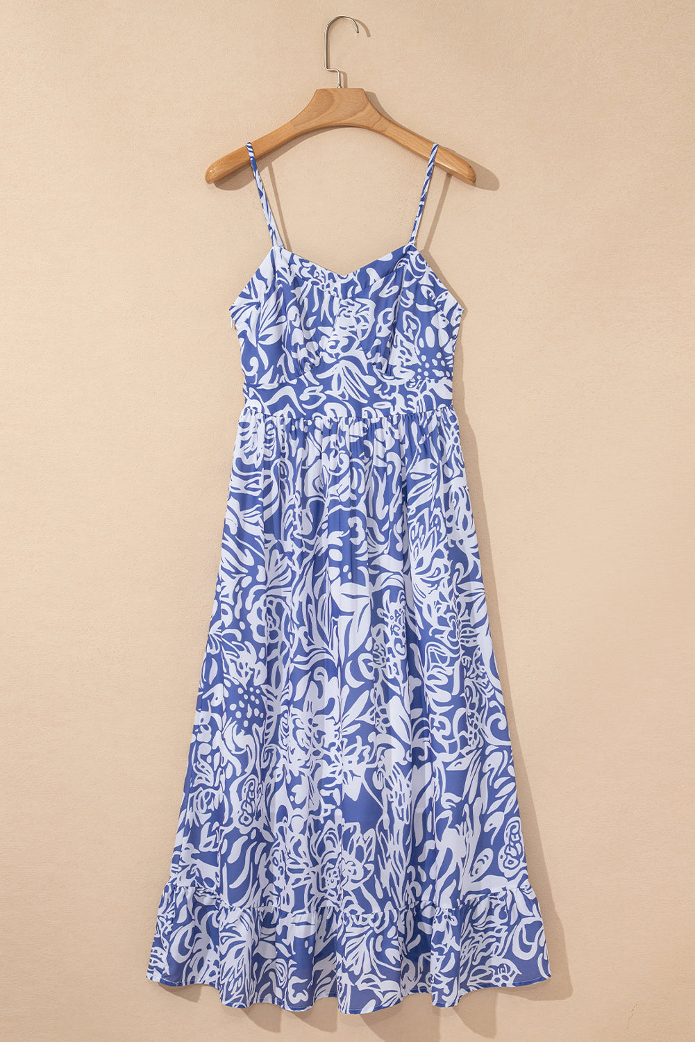 Sky Blue Floral Print Spaghetti Strap High Waist Maxi Dress