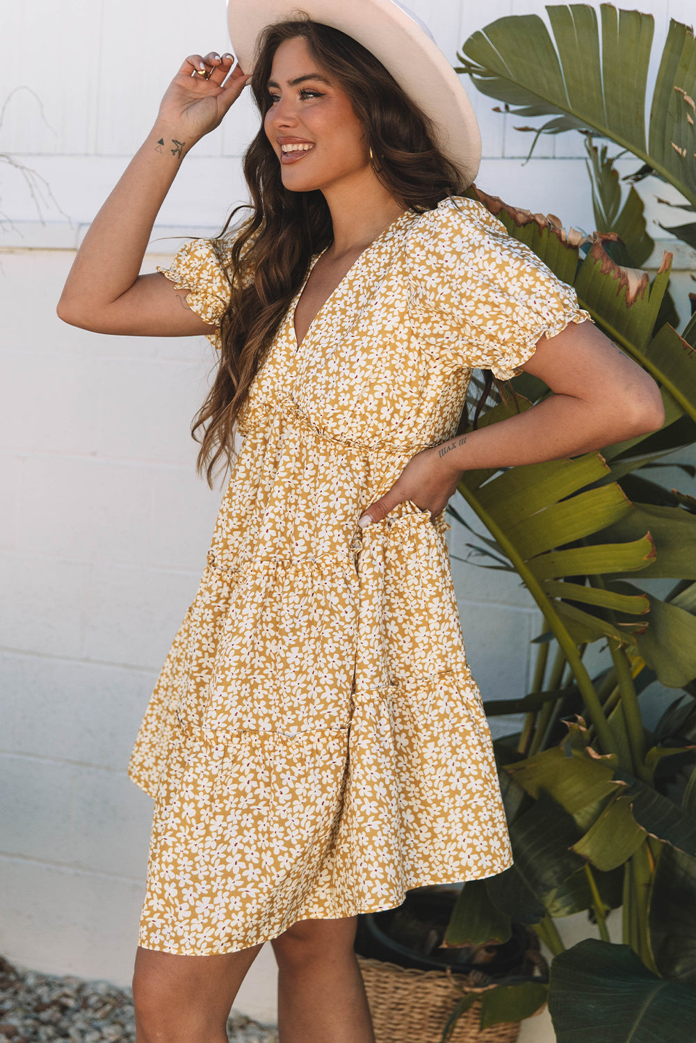 Yellow Floral Short Sleeve V Neck Frilly Tiered Mini Dress