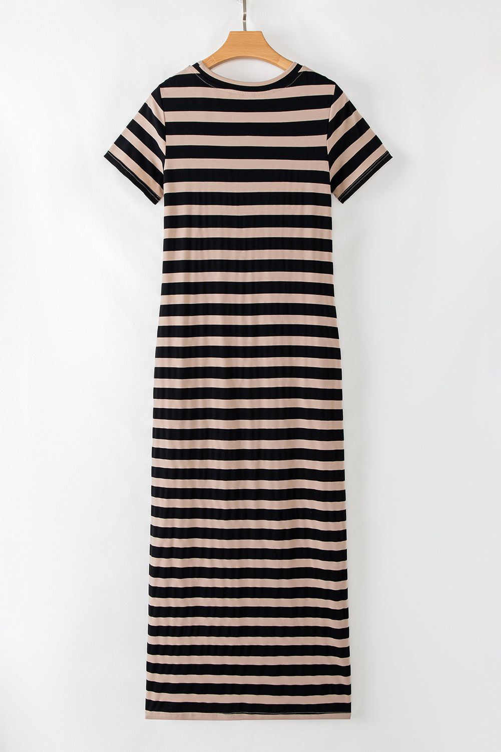 Black Stripe Casual Round Neck T-shirt Maxi Dress with Pockets