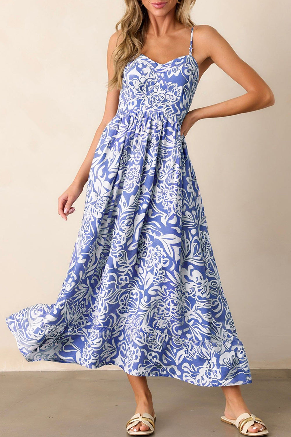 Sky Blue Floral Print Spaghetti Strap High Waist Maxi Dress