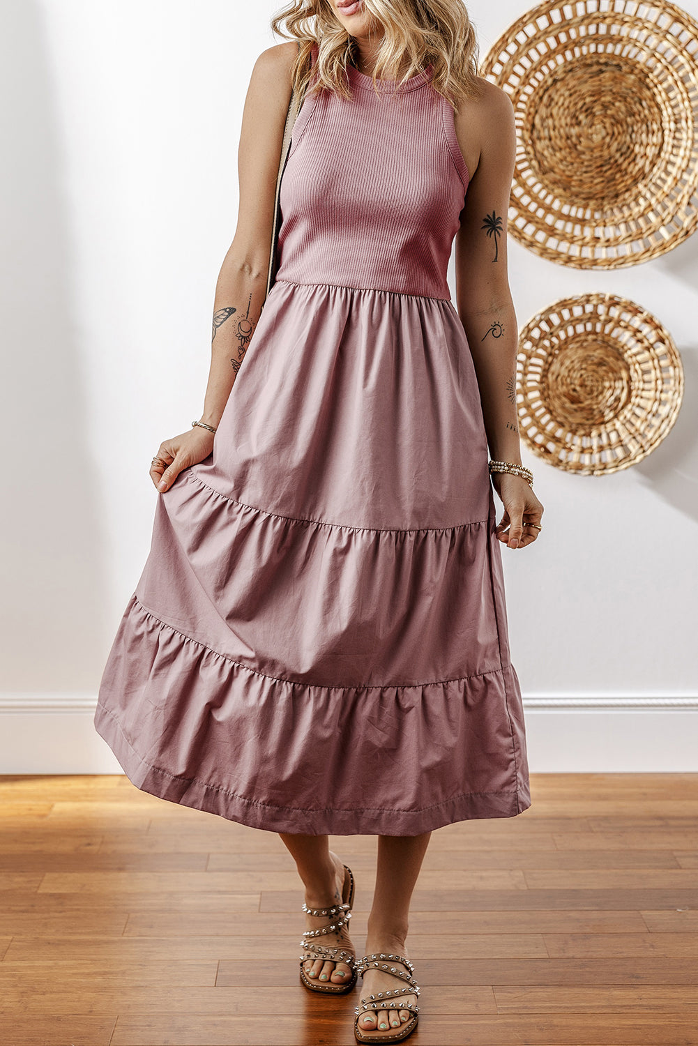 Sepia Rose Ribbed Vest Patchwork Tiered Midi Dress with Pockets