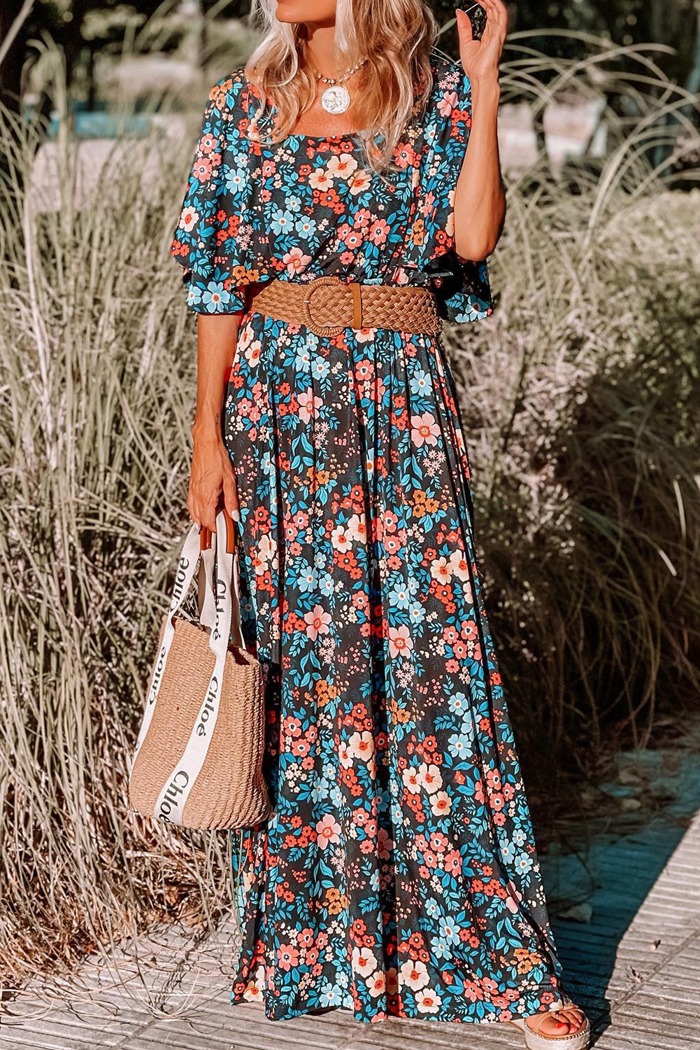 Sky Blue Floral Knotted Back Square Neck Maxi Dress