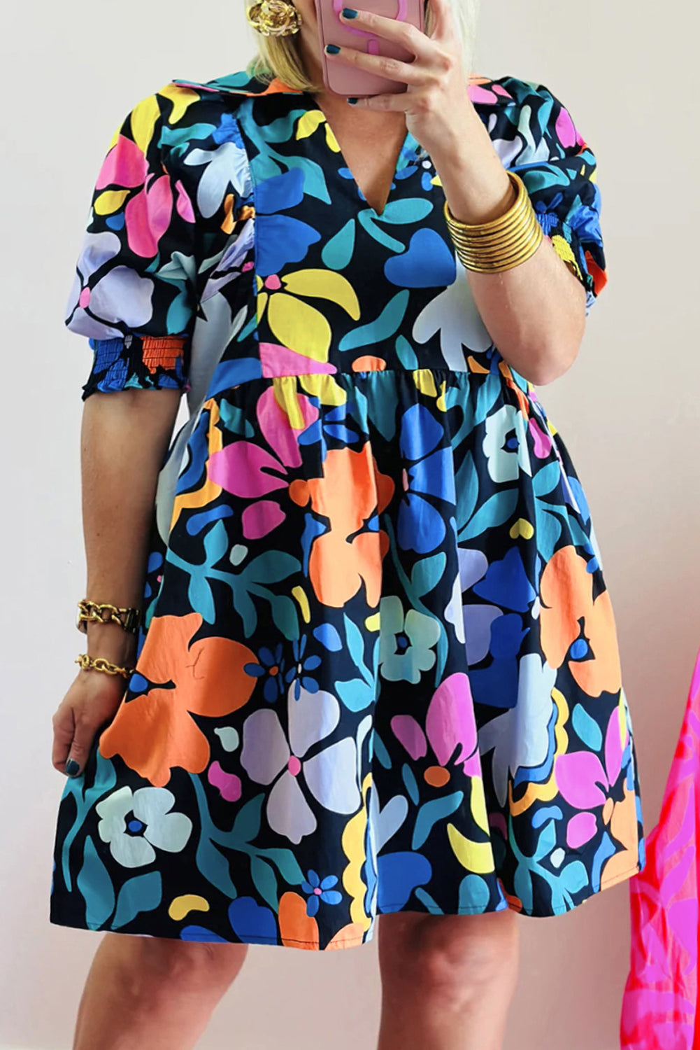 Blue Split Neck Collared Plus Floral Dress