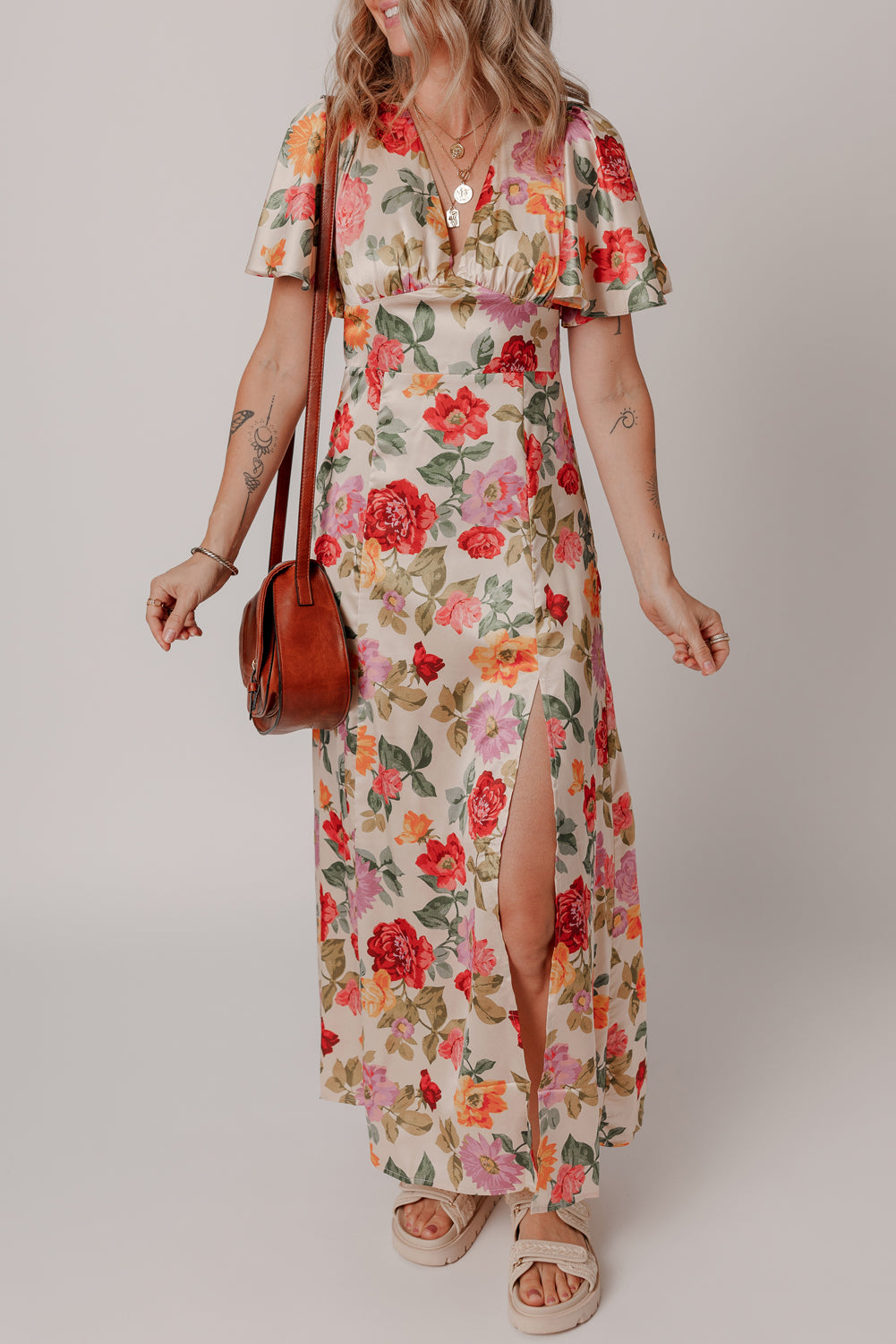 Multicolour Vintage Floral V Neck Short Sleeve Tie Back Long Slit Dress