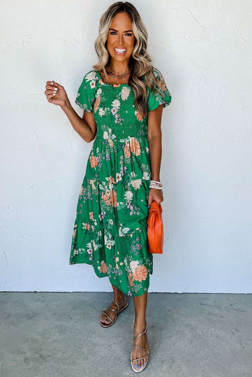 Green Floral Print Bubble Sleeve Smocked Tiered Midi Dress