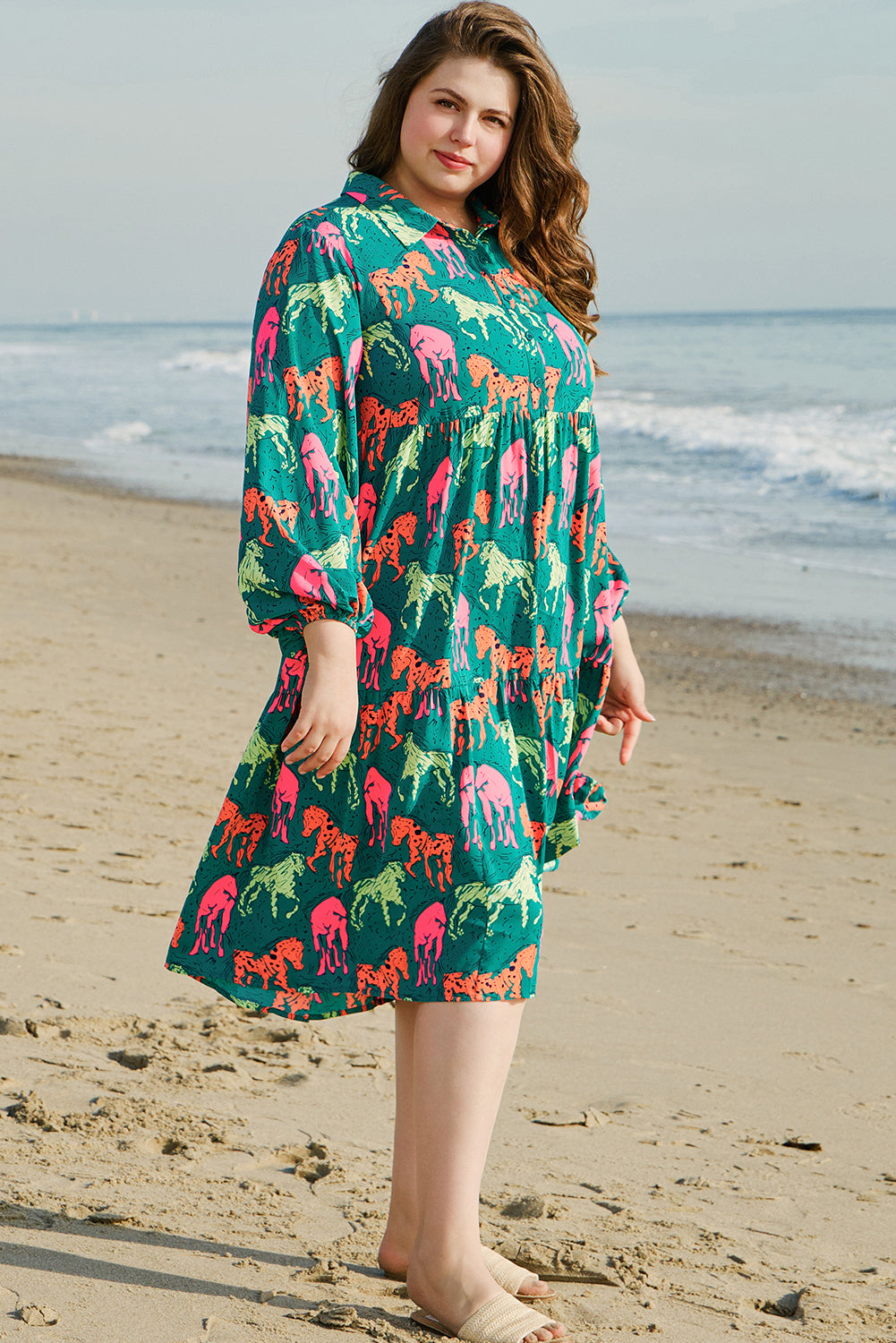 Green Horse Printed Long Sleeve Collared Buttoned Plus Size Midi Dress