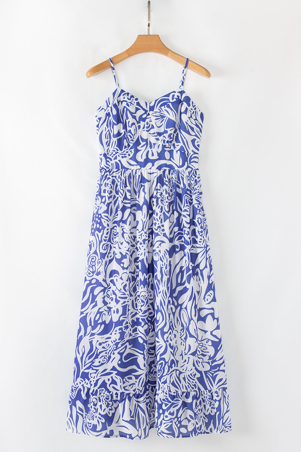 Sky Blue Floral Print Spaghetti Strap High Waist Maxi Dress