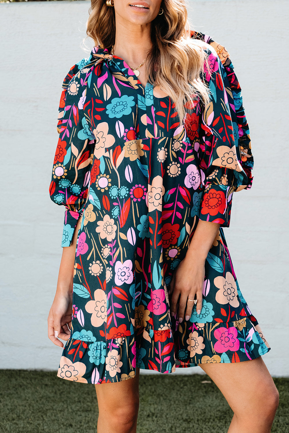 Green Floral Print Puff Sleeve Ruffled Mini Dress