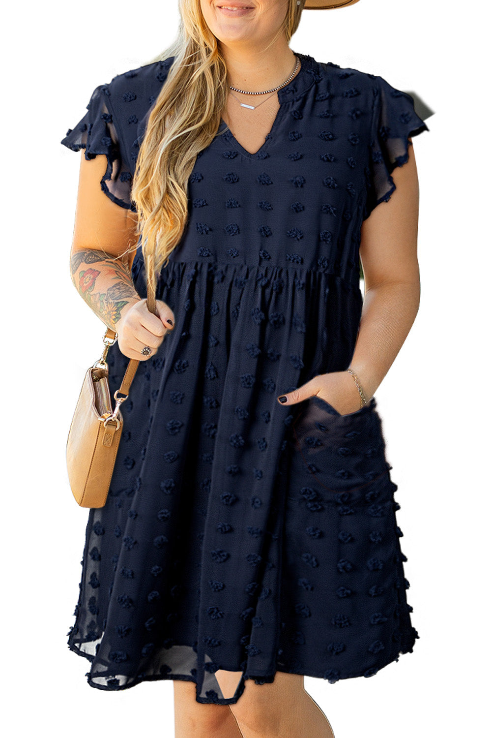 Navy Blue Dotty Textured Notched Neck Plus Ruffled Dress