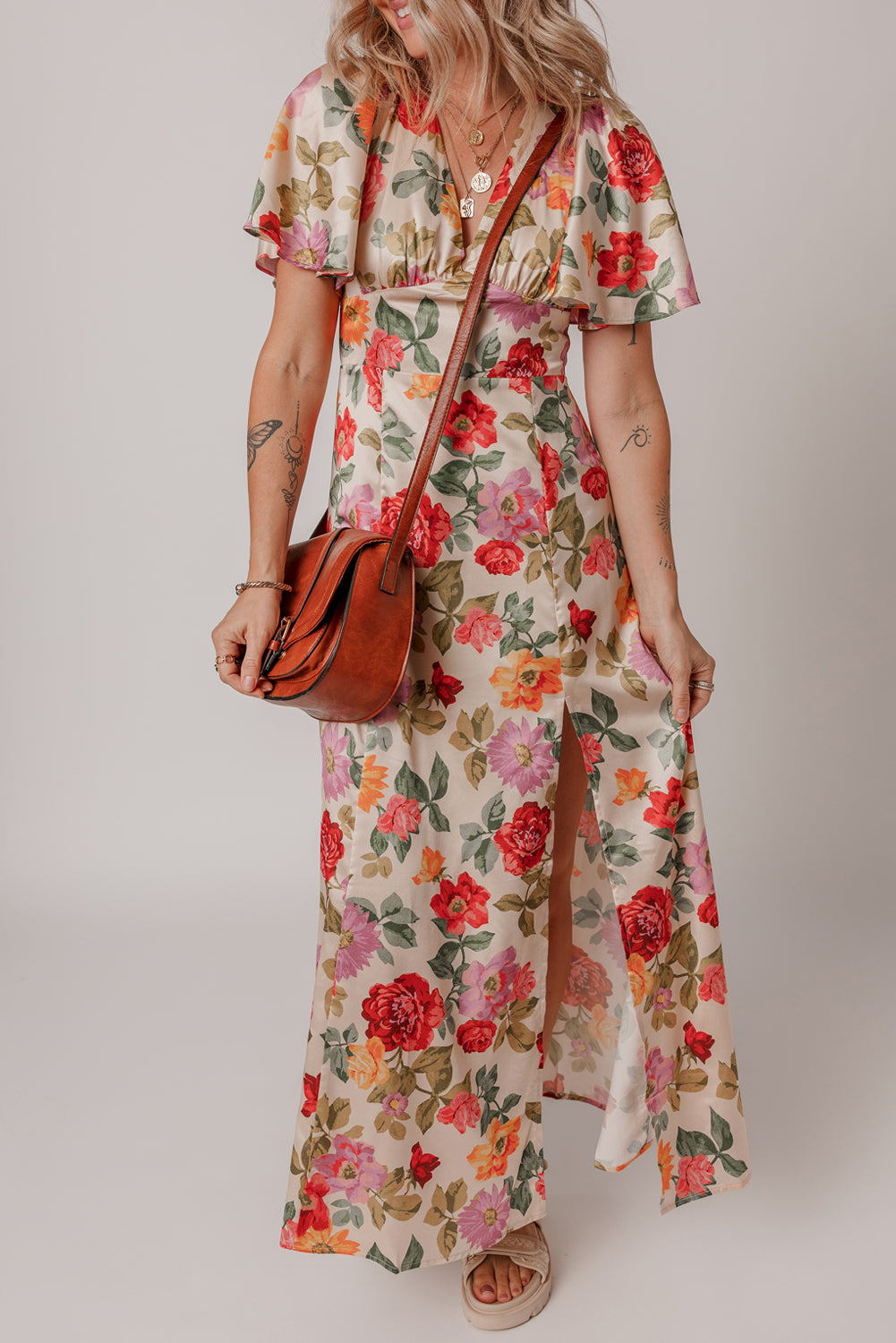 Multicolour Vintage Floral V Neck Short Sleeve Tie Back Long Slit Dress