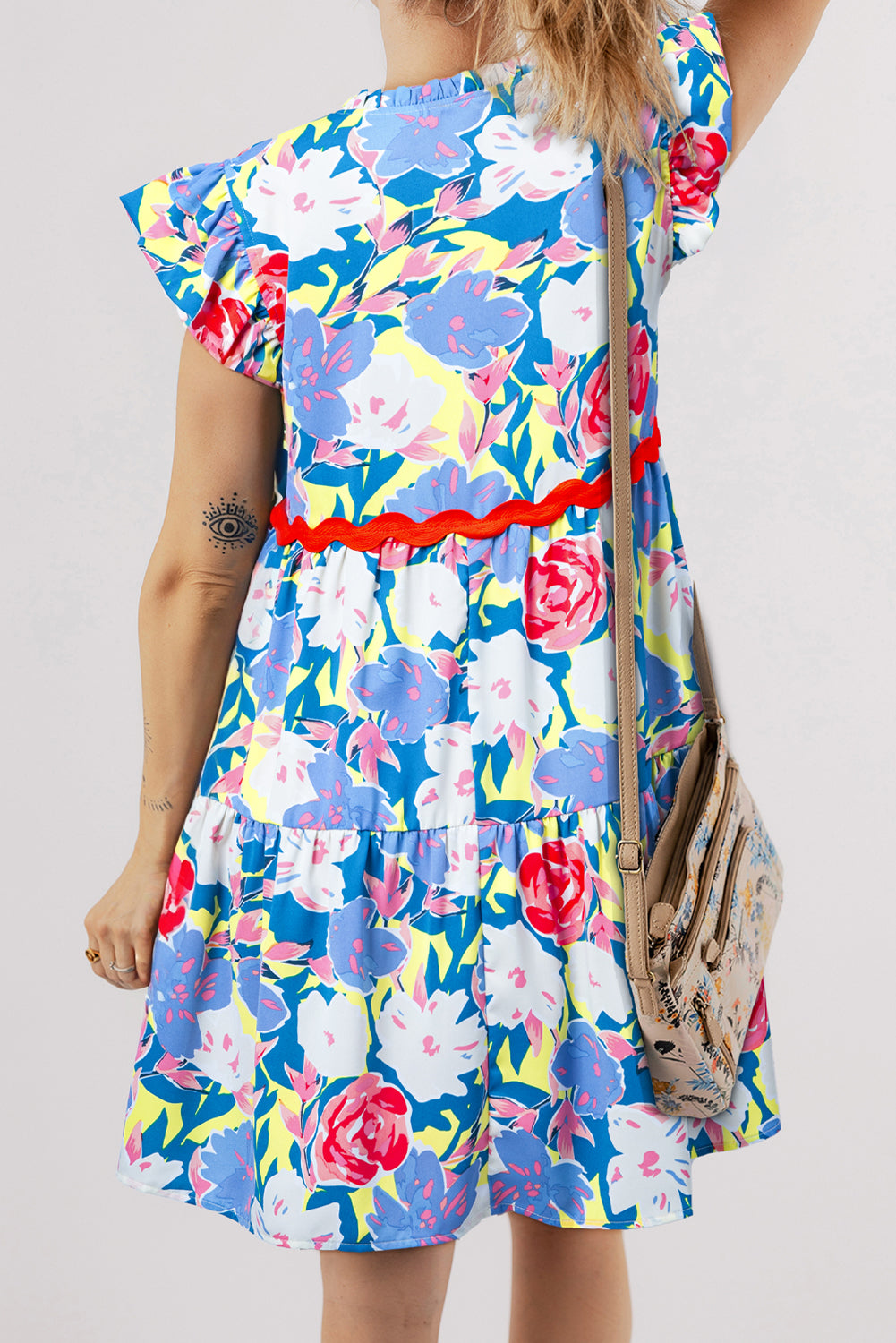 Sky Blue Floral Printed V Notched Ric Rac Flutter Sleeve Dress