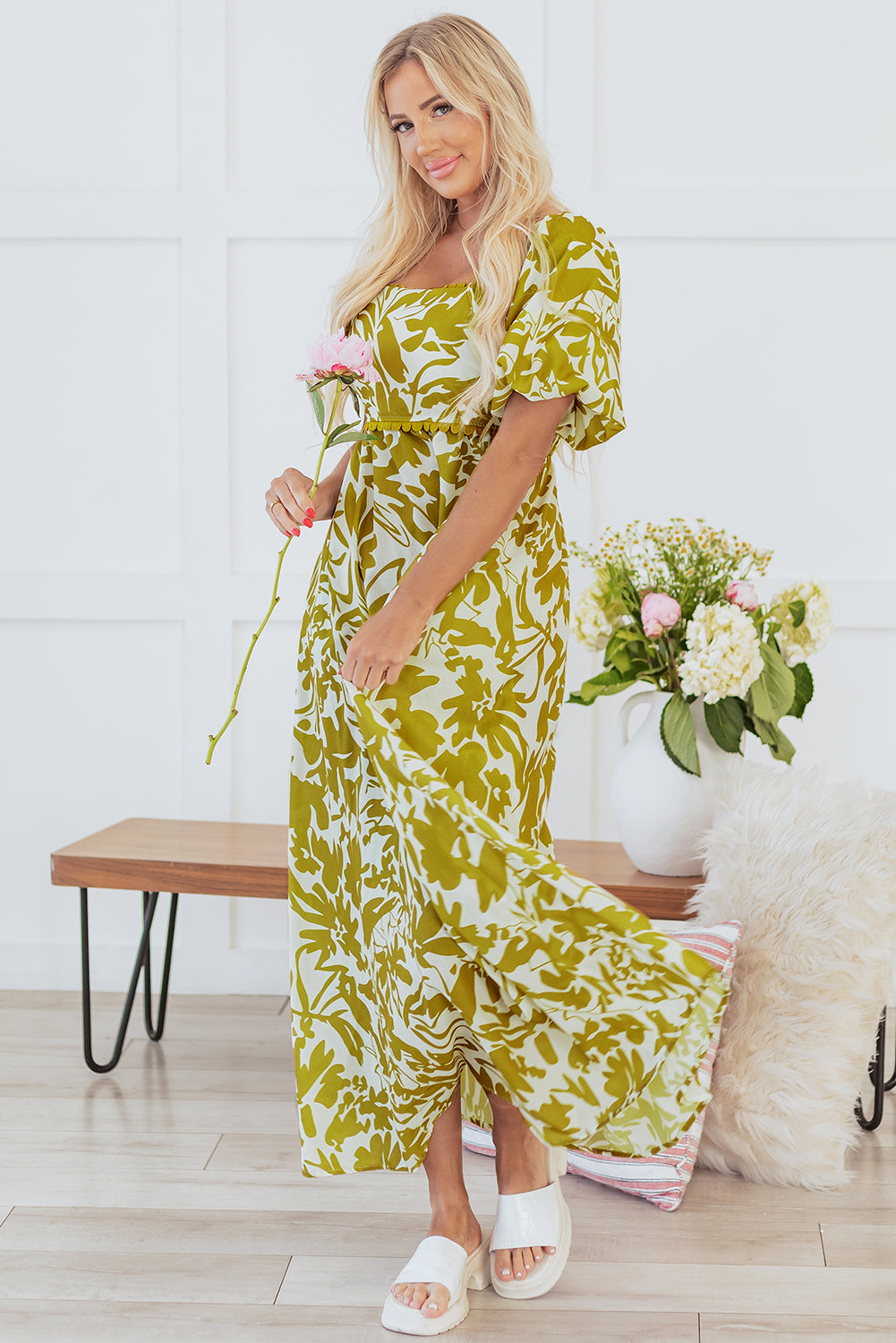 Green Scalloped Trim Square Neck High Waist Floral Maxi Dress