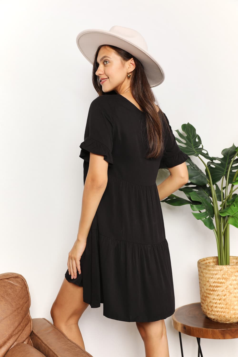 Back view of Mandy V-Neck Flounce Sleeve Tiered Dress - Simple and elegant with tiered layers.