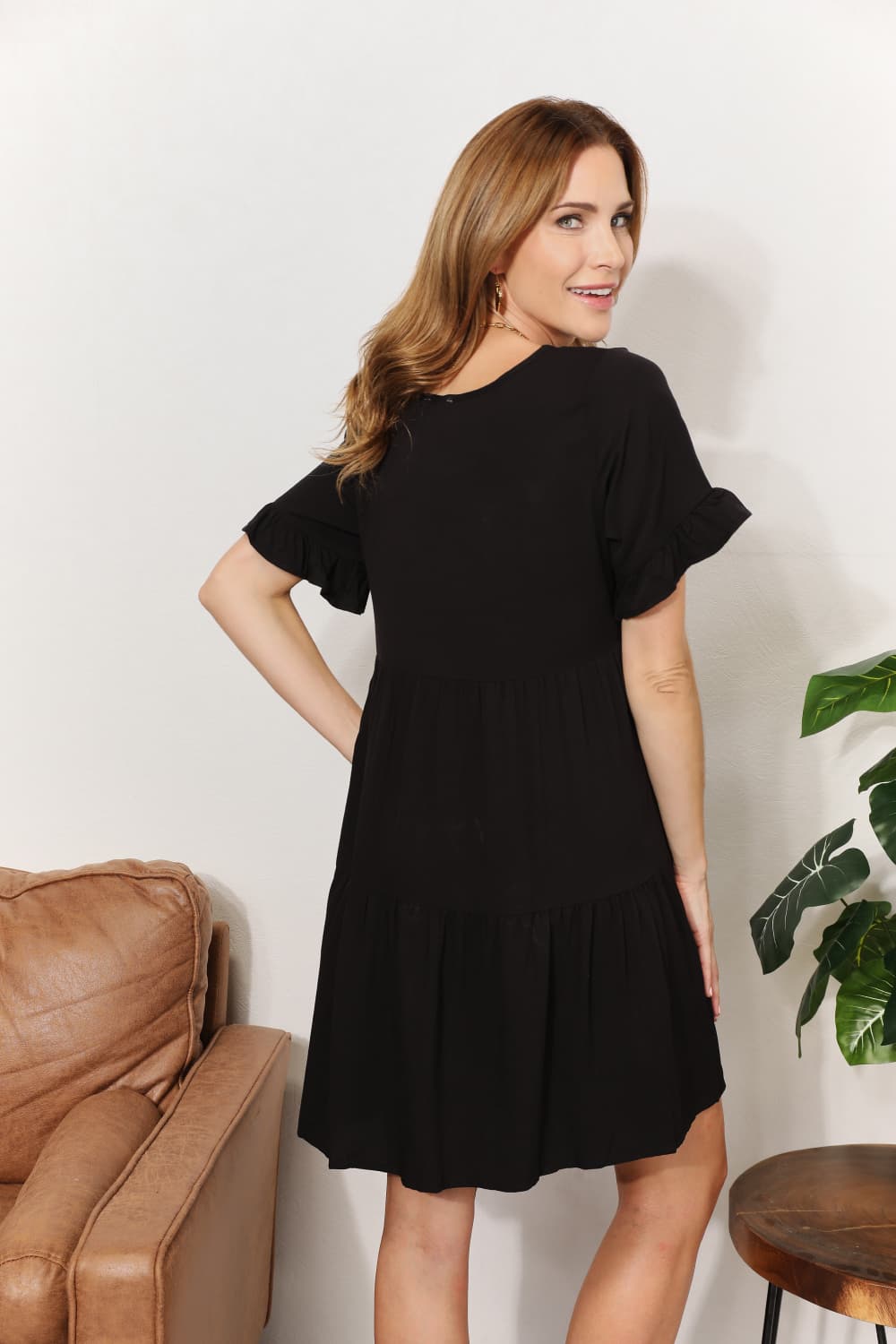 Back view of Mandy V-Neck Flounce Sleeve Tiered Dress - Simple and elegant with tiered layers.