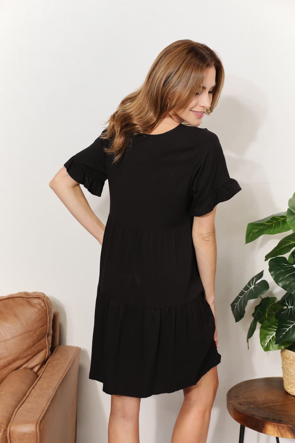 Back view of Mandy V-Neck Flounce Sleeve Tiered Dress - Simple and elegant with tiered layers.