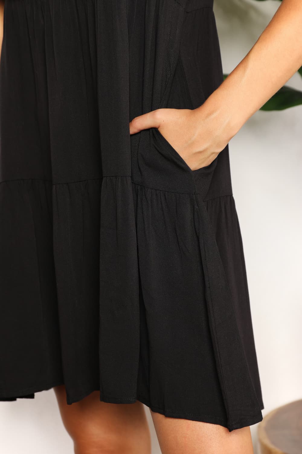 Close-up of Mandy V-Neck Flounce Sleeve Detail - Feminine flounce sleeves and flattering V-neck.