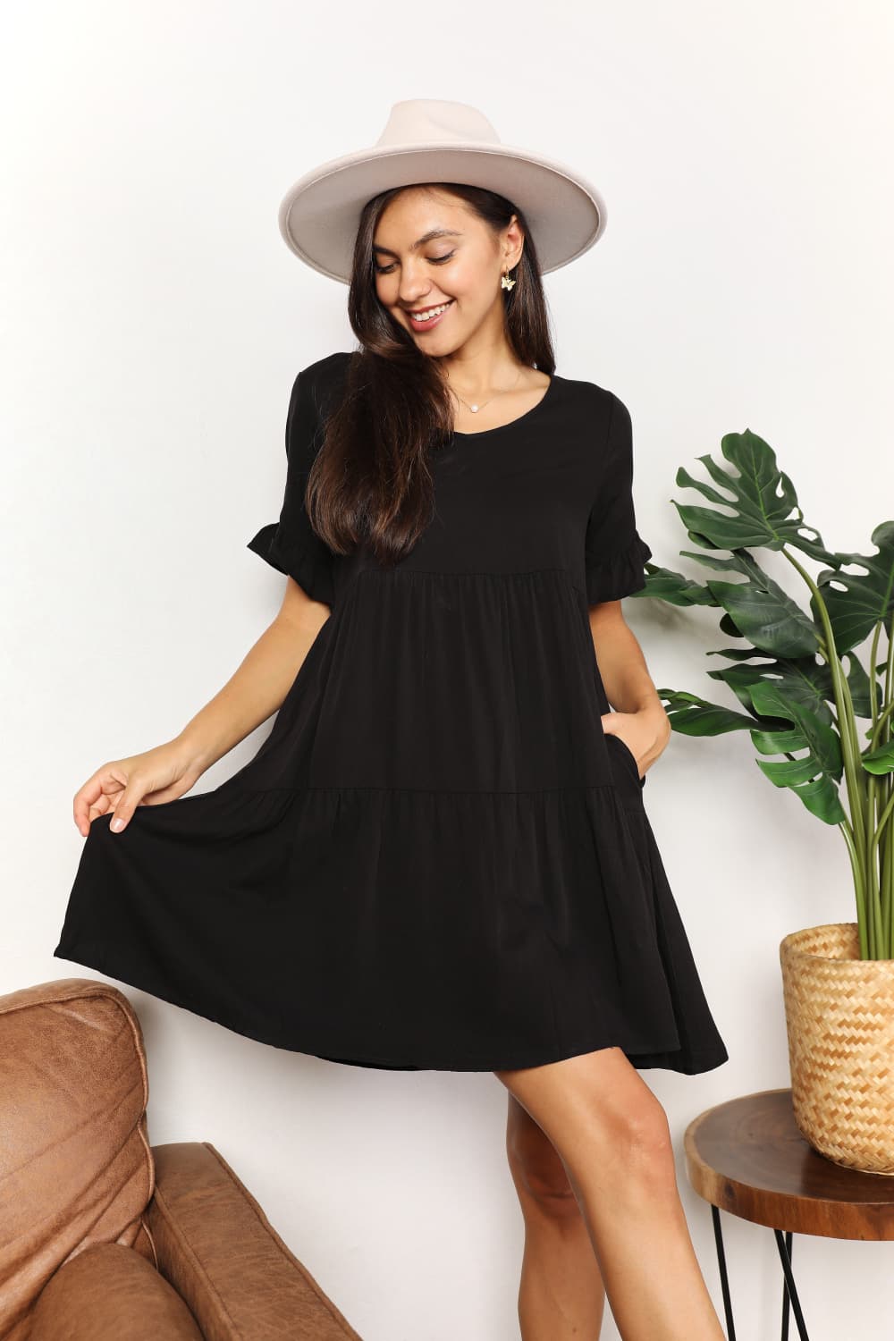 Mandy V-Neck Flounce Sleeve Tiered Dress - Elegant V-neck and playful flounce sleeves with a tiered design.