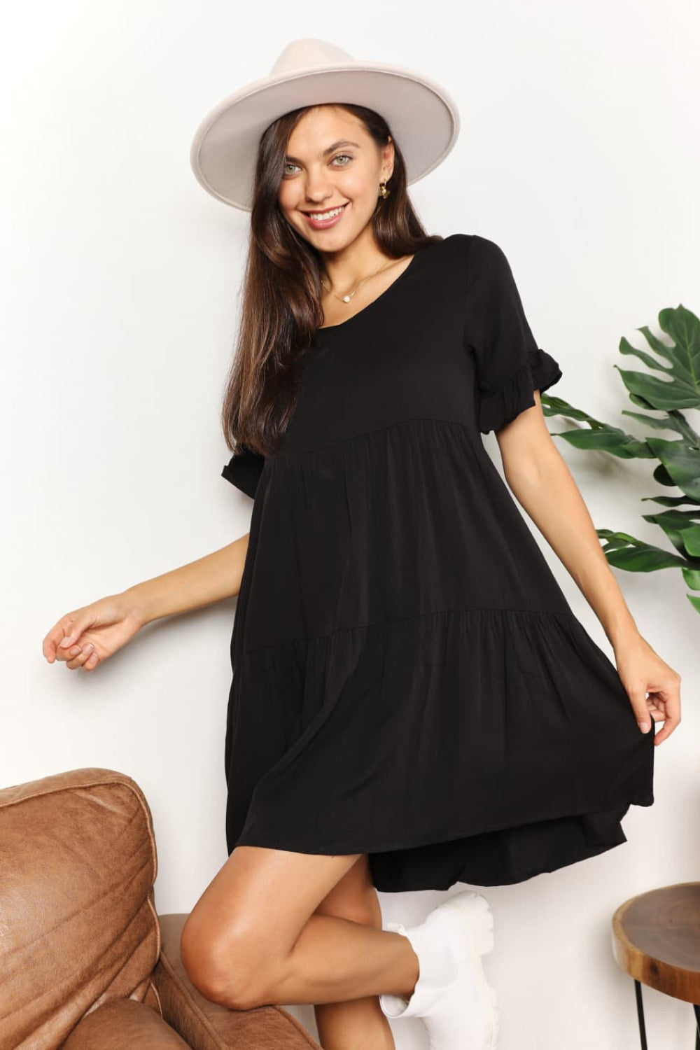 Mandy V-Neck Flounce Sleeve Tiered Dress - Elegant V-neck and playful flounce sleeves with a tiered design.